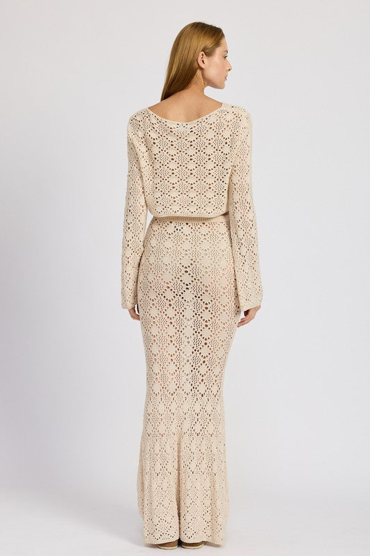 Emory Park Mermaid Maxi Crochet Skirt in beige with intricate openwork design on model from back