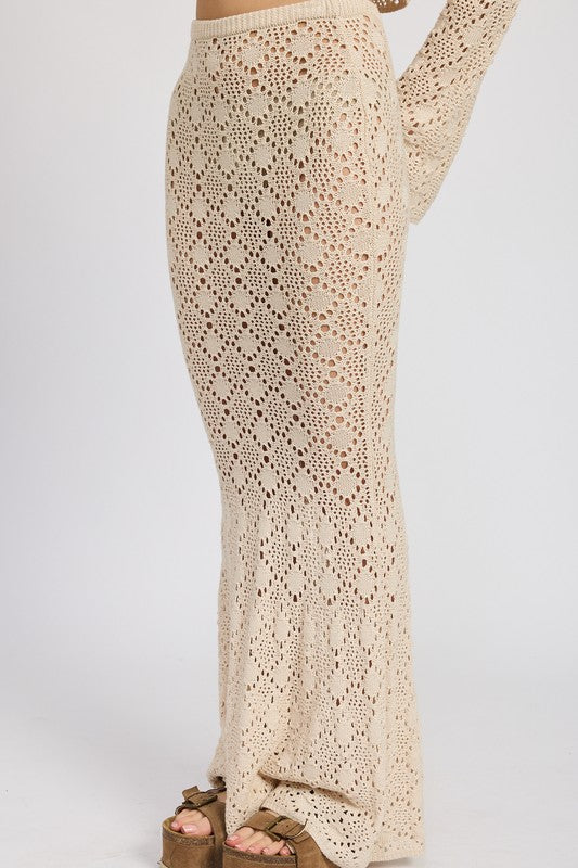 Emory Park Mermaid Maxi Crochet Skirt in beige with intricate openwork pattern and flared hem