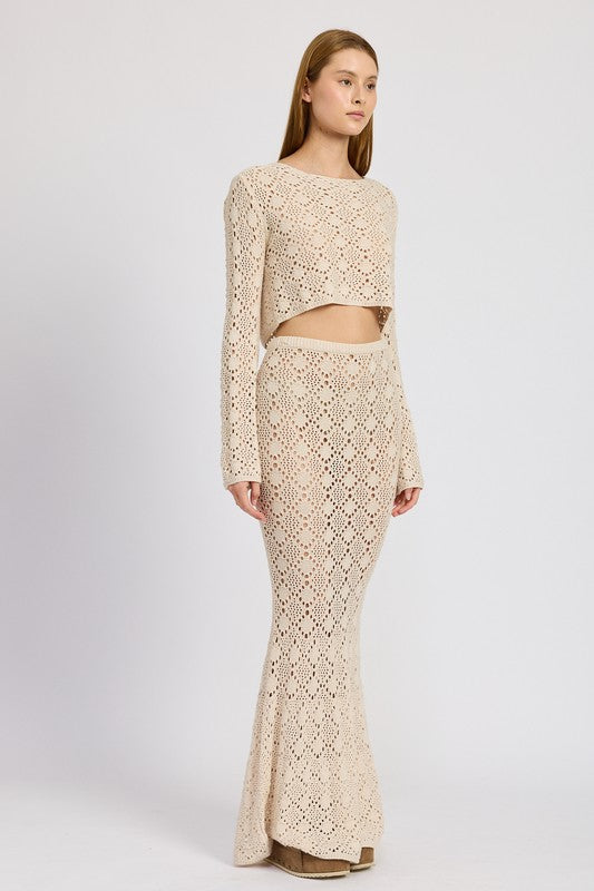 Emory Park beige Mermaid Maxi Crochet Skirt paired with matching long sleeve crochet crop top