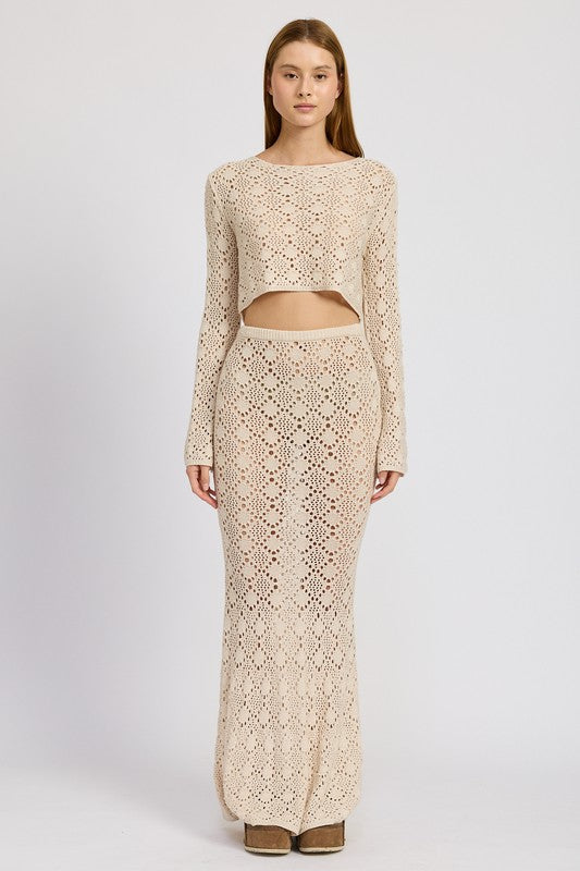 Emory Park Mermaid Maxi Crochet Skirt in beige worn with matching long sleeve crop top front