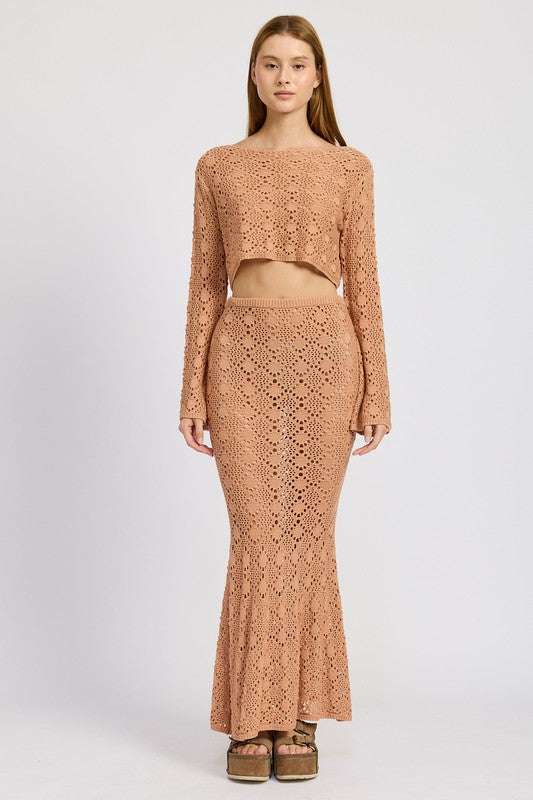 Emory Park Mermaid Maxi Crochet Skirt in tan worn with matching long sleeve crop top