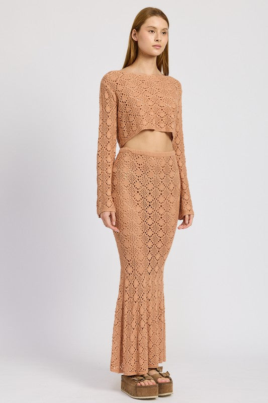 Emory Park Mermaid Maxi Crochet Skirt in tan beige with fitted silhouette and flared hem