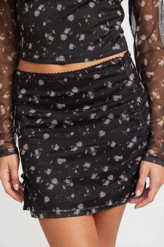Emory Park black Mesh Mini Skirt With Satin Bow Detail featuring floral print and ruched sides
