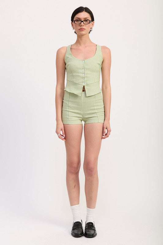 Emory Park green Micro Gingham Shorts worn by woman with matching top and black shoes