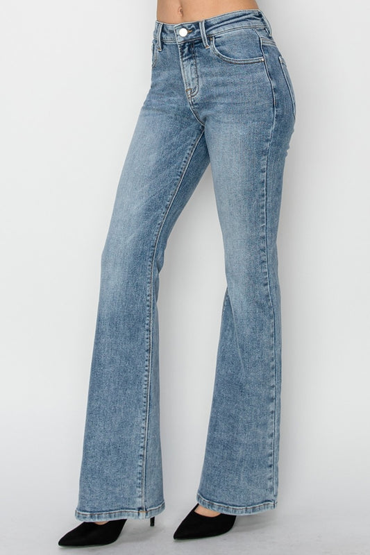Light wash mid-rise bootcut jeans designed for a stylish and comfortable fit