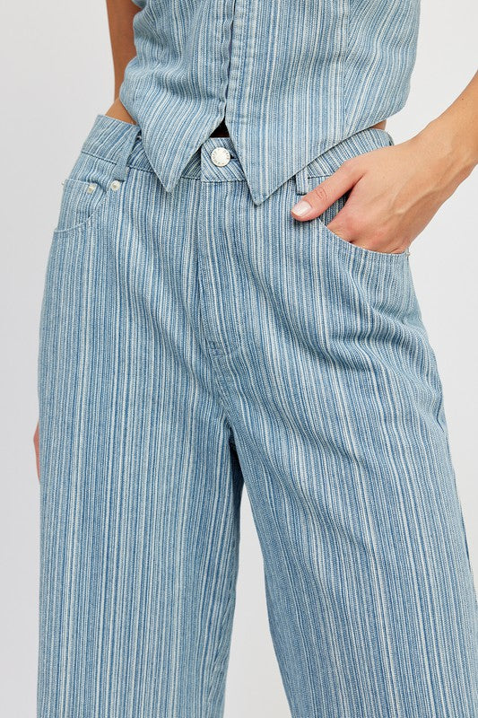 Emory Park Mid Rise Wide Leg Pants in blue vertical stripe pattern with button closure and pockets