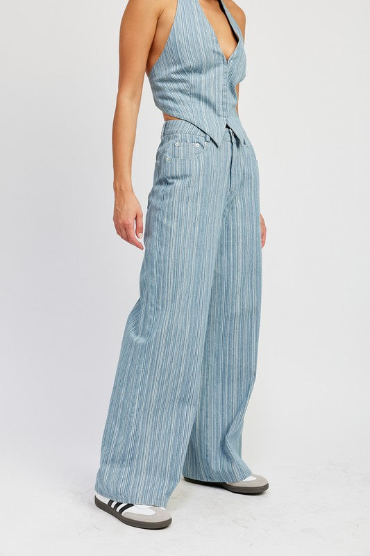 Emory Park Mid Rise Wide Leg Pants in blue striped fabric paired with matching sleeveless top