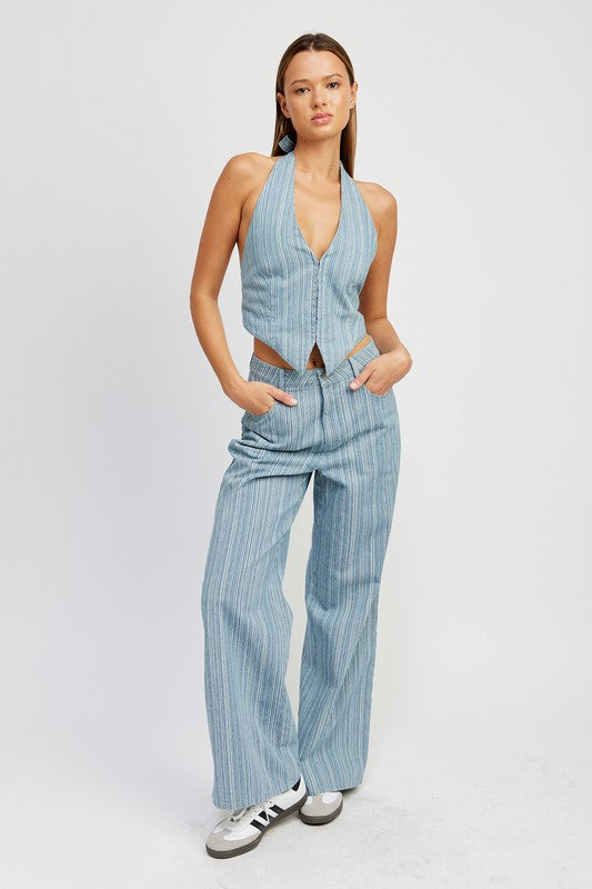 Emory Park Mid Rise Wide Leg Pants in blue pinstripe worn with matching halter top and sneakers