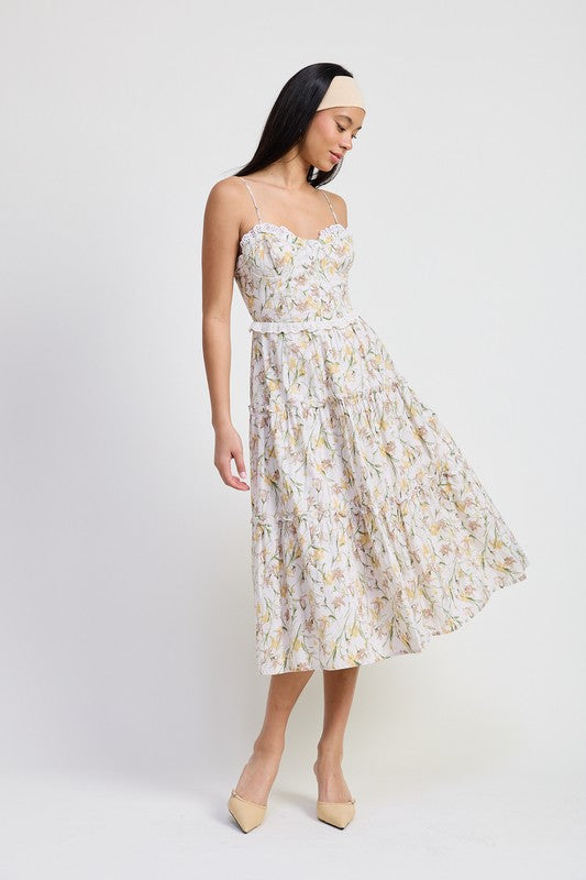 Emory Park Midi Floral Corset Dress with spaghetti straps and tiered skirt in soft floral print