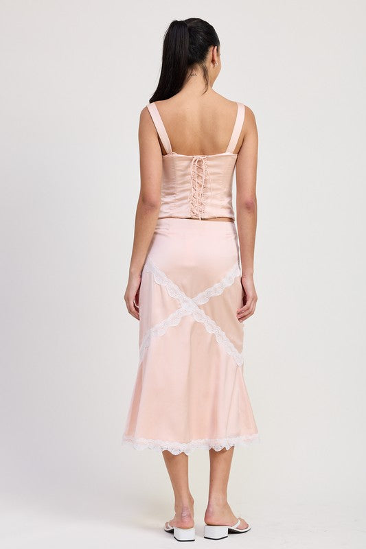 Emory Park Midi Satin Skirt With Lace Detail in blush pink worn by model showing back view