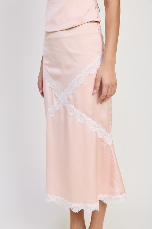 Emory Park Midi Satin Skirt With Lace Detail in blush pink with white lace trim