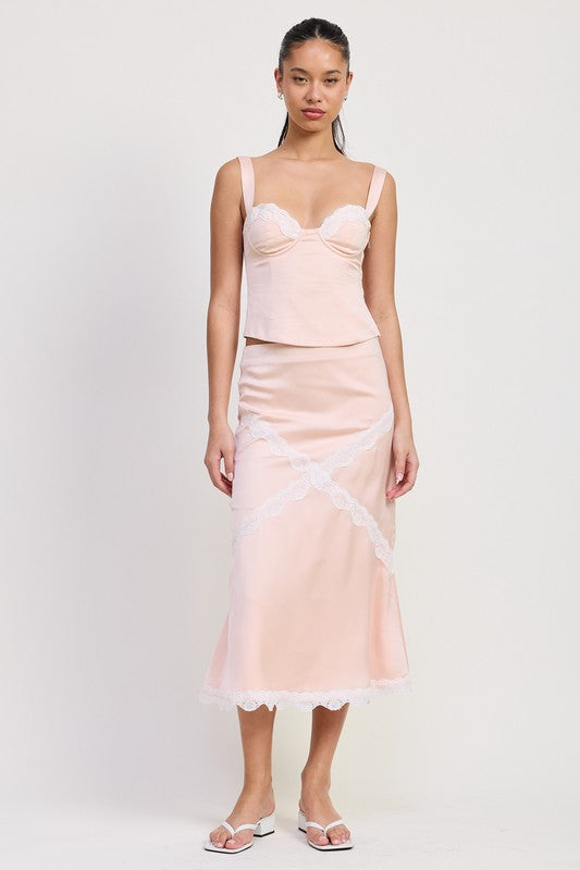 Emory Park Midi Satin Skirt With Lace Detail in soft pink paired with matching camisole