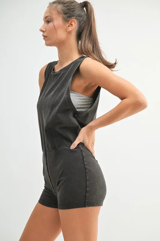 Mineral Wash Romper in Black with Sleeveless Design and Comfortable Fit