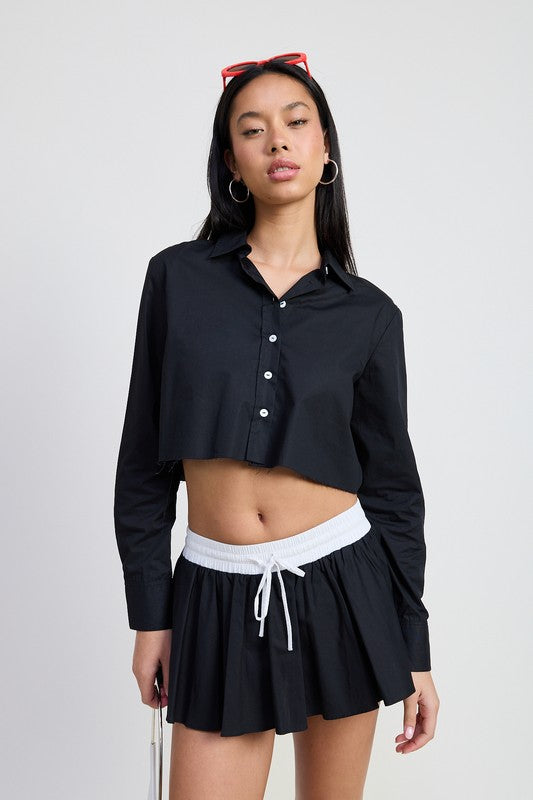 Emory Park Mini Contrast Waistband Skirt in black with white waistband and drawstring detail