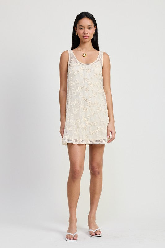 Emory Park Mini Floral Crochet Dress sleeveless beige lace design styled with sandals