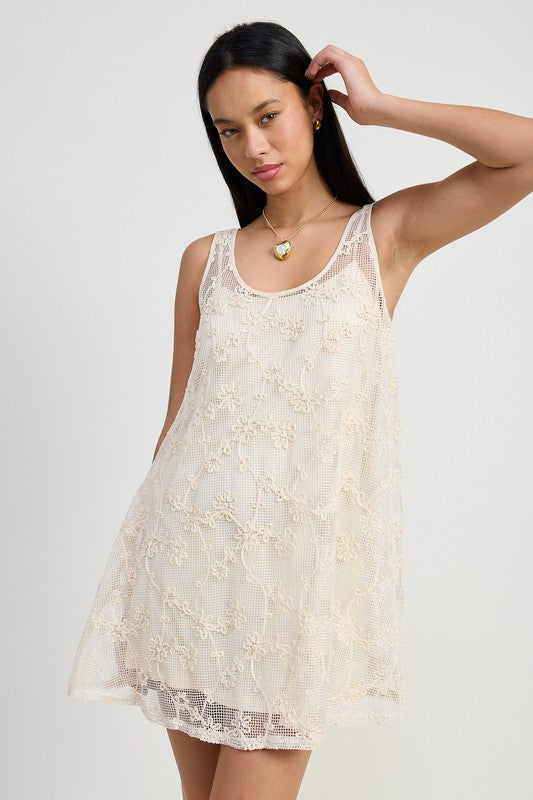 Emory Park Mini Floral Crochet Dress sleeveless cream lace overlay casual summer dress