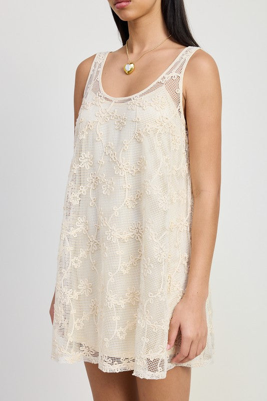 Emory Park Mini Floral Crochet Dress in cream with sleeveless design and floral lace overlay