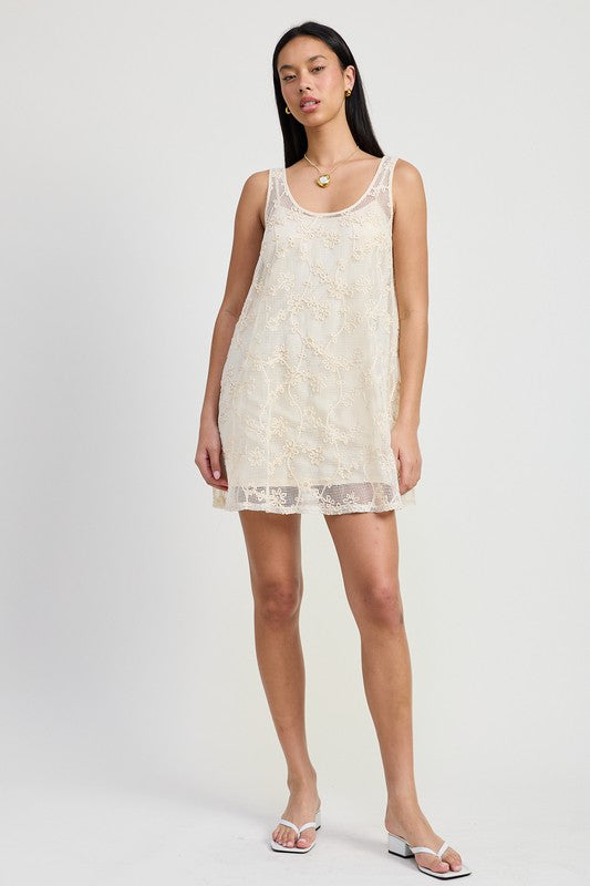 Emory Park Mini Floral Crochet Dress in cream sleeveless design with floral pattern and scoop neckline
