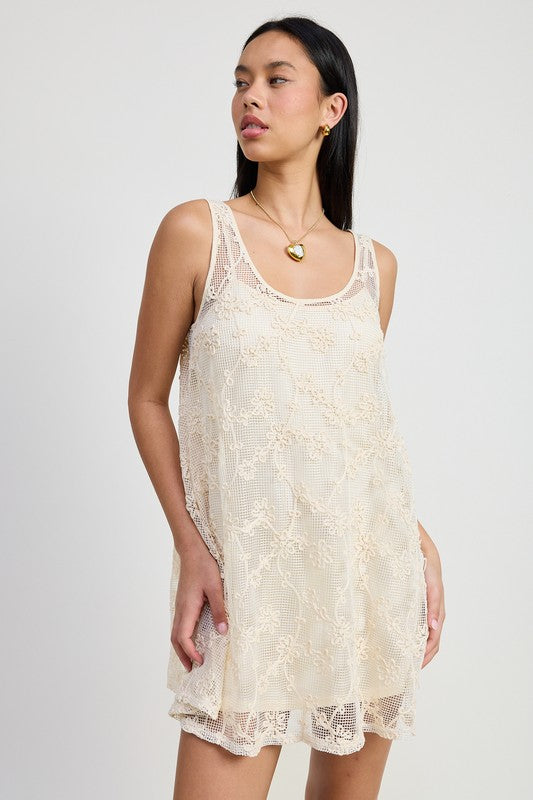 Emory Park Mini Floral Crochet Dress in cream with intricate floral lace detailing and sleeveless design