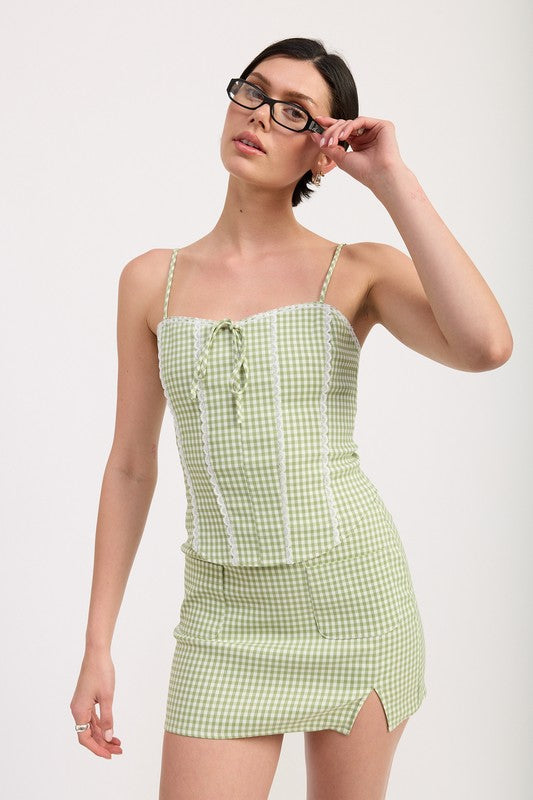 Emory Park Mini Gingham Skirt With Pockets in green and white checkered pattern worn with matching top
