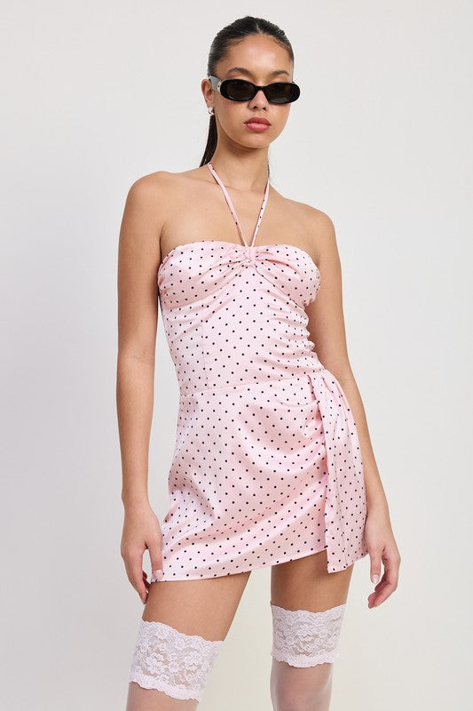 Emory Park Mini Halter Polka Dot Dress in pink with black dots worn with lace thigh-high stockings