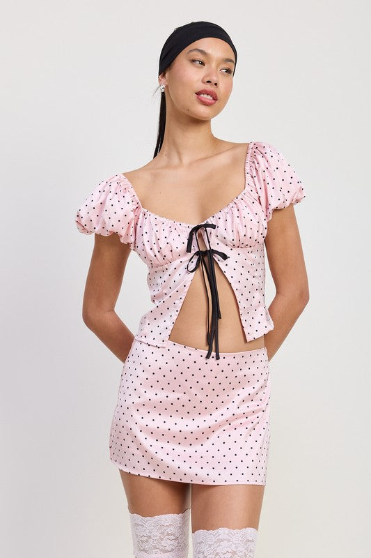 Emory Park Mini Polka Dot Skort in pink with black dots paired with matching puff sleeve top