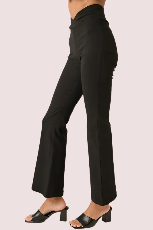 Mittoshop Surplice V Waist Flare Pants in black with a flattering fit for stylish casual wear