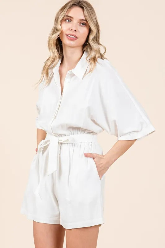 Mittoshop Tie Waist Half Sleeve Romper in white with a relaxed fit and pockets for casual style