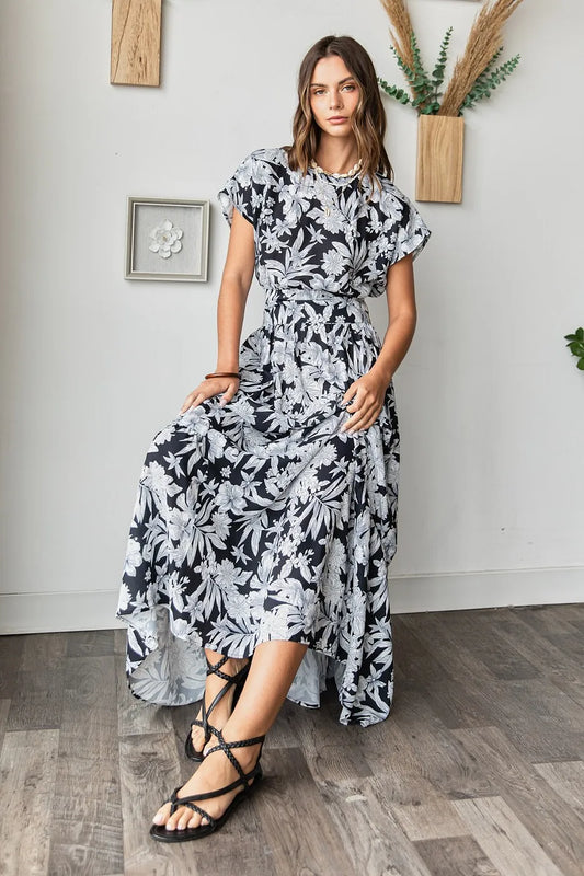 Mittoshop Tropical Print Top and Skirt Set in Black and White with Flowing Maxi Design