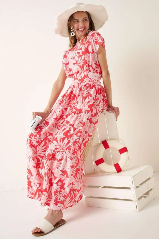 Model wearing Mittoshop Tropical Print Top and Skirt Set in vibrant floral design, perfect for summer outings