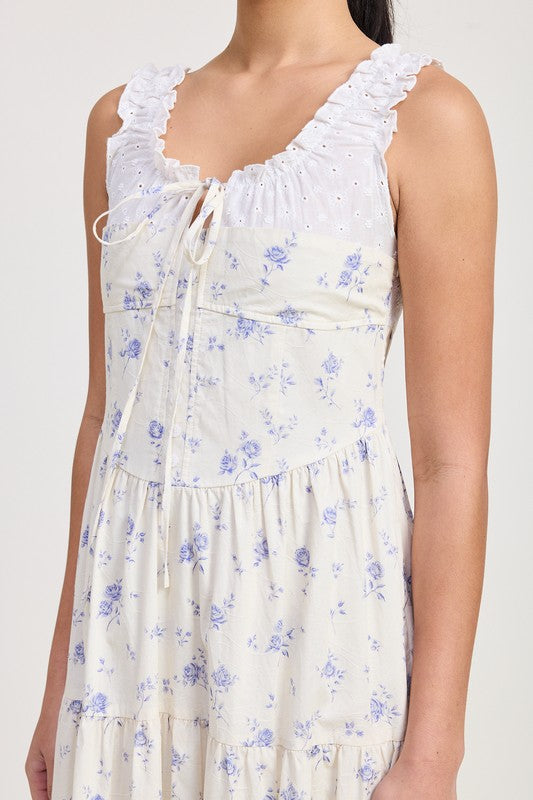 Emory Park Mixed Media Eyelet Peekaboo Midi Dress with white eyelet ruffle straps and blue floral print