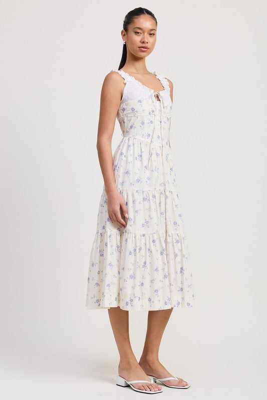 Emory Park Mixed Media Eyelet Peekaboo Midi Dress in white with blue floral print and sleeveless design