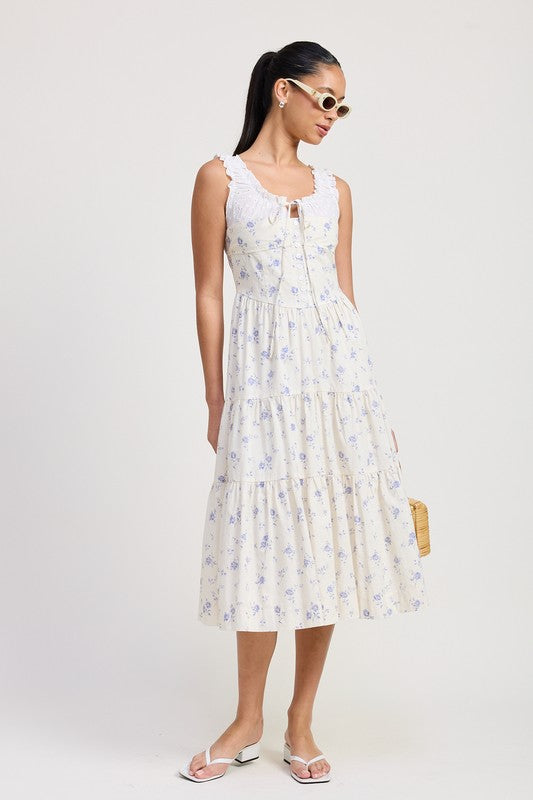 Emory Park Mixed Media Eyelet Peekaboo Midi Dress with floral print and lace details worn by model