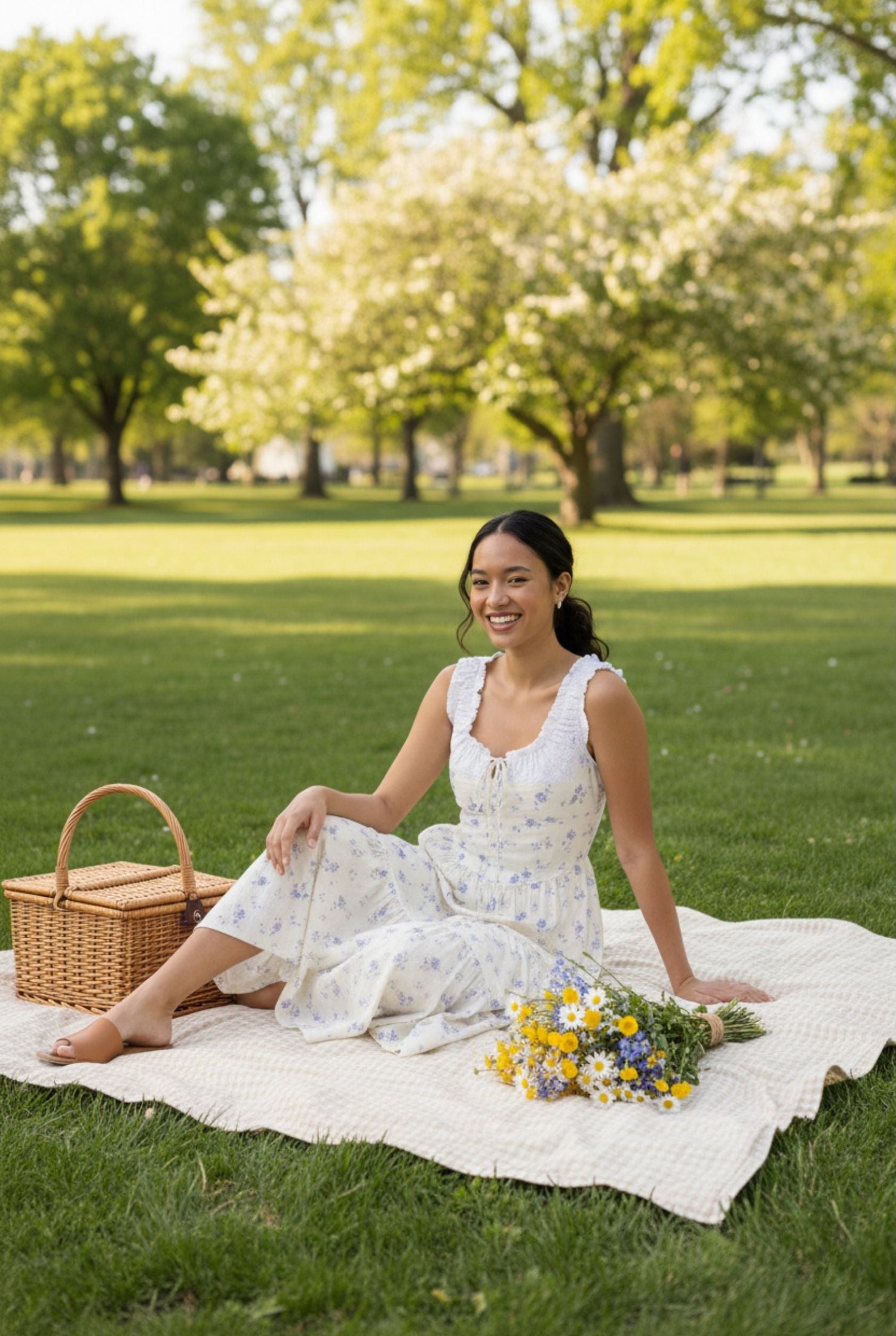 Model wearing Emory Park Mixed Media Eyelet Peekaboo Ivory Midi Dress with floral print and sleeveless design sitting on a picnic blanket on a sunny day with fresh picked flowers