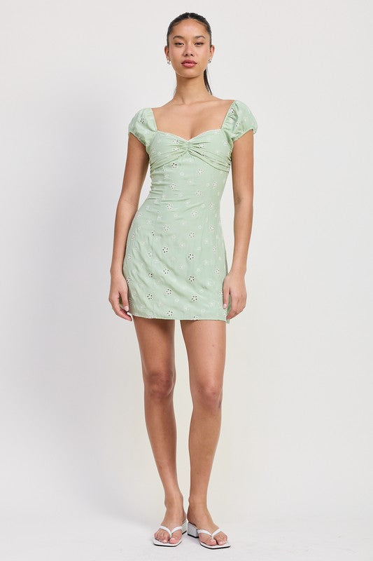 Emory Park Mixed Media Mini Ruched Dress in light green with puff sleeves and floral embroidery