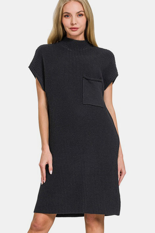 Mock neck sweater dress in dark gray with a stylish pocket detail for comfort and elegance