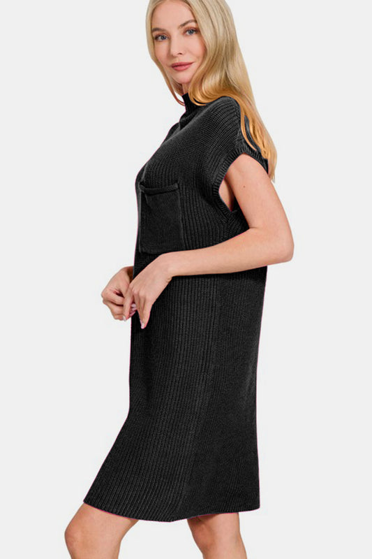 Mock neck sweater dress in black with short sleeves and side pocket for a stylish look