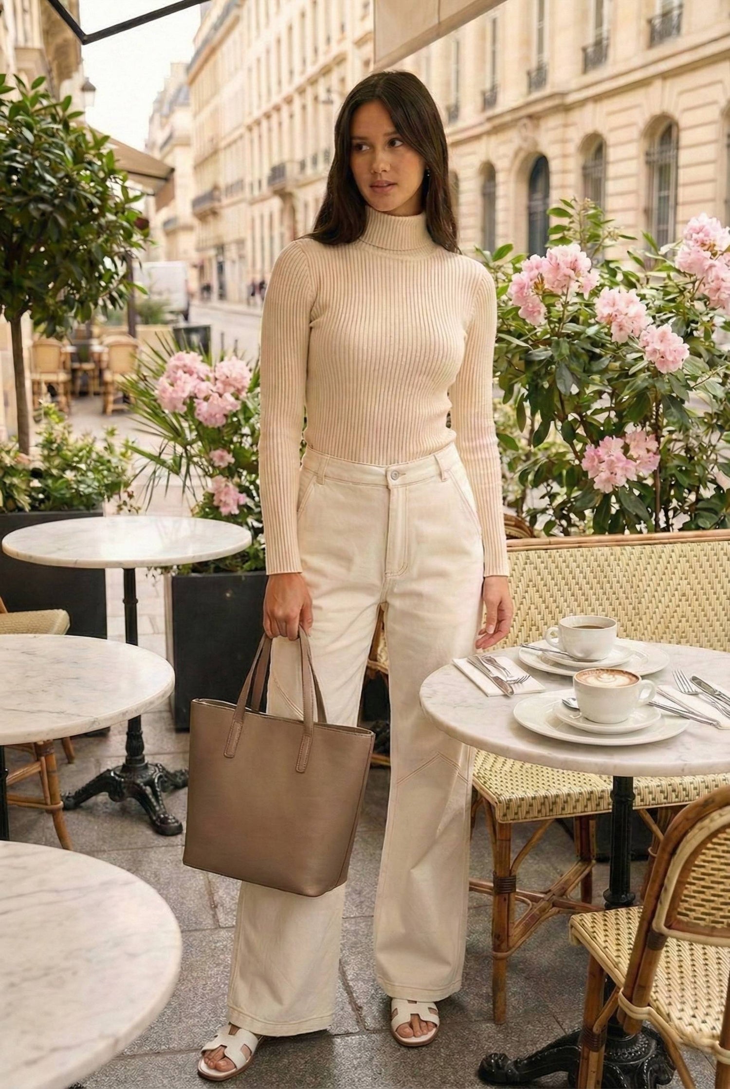 Model wearing Emory Park Off White high waisted wide leg pants standing at brunch on luxury vacation