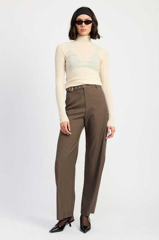 Emory Park brown straight trousers with cream turtleneck and Trouser Pants With Adjustable Waist Buckle