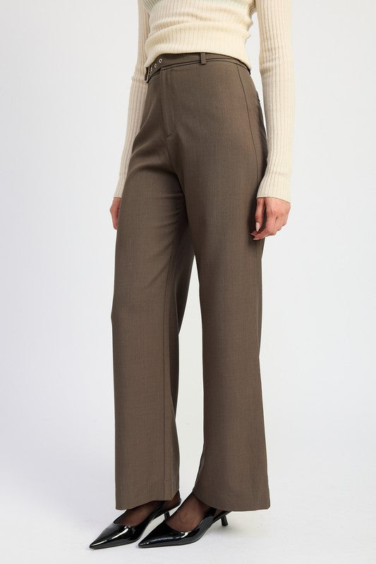 Emory Park brown wide leg trousers on model with cream ribbed sweater and black heels Trouser Pants With Adjustable Waist Buckle