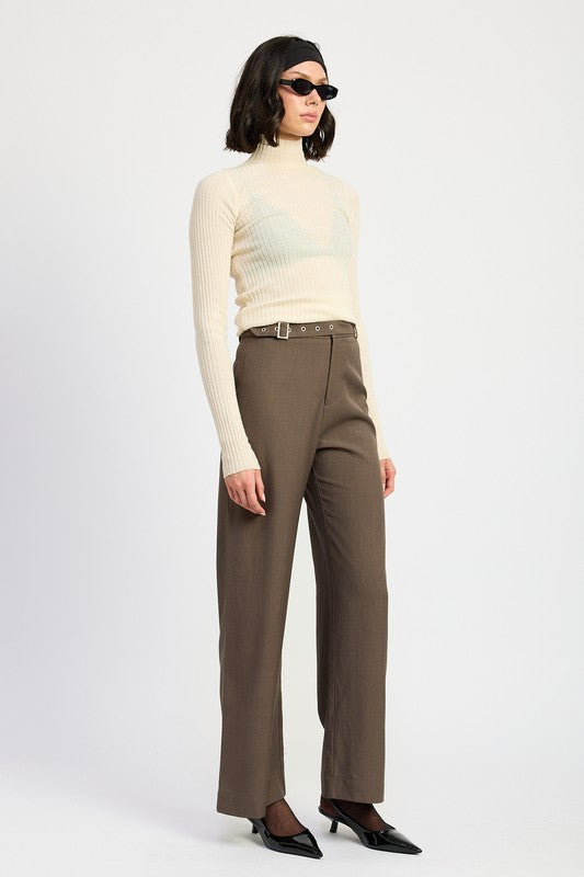 Emory Park model wearing olive brown Trouser Pants With Adjustable Waist Buckle high waist straight leg