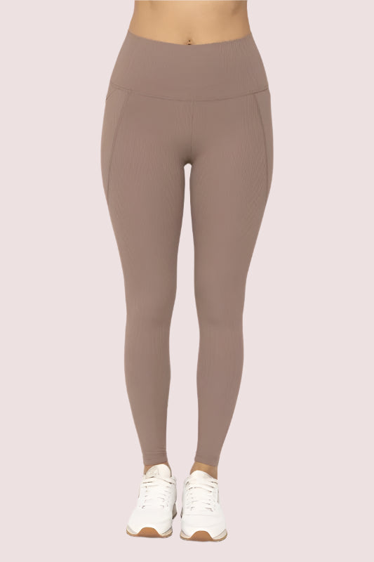MONO B Soft Ribbed High Waisted Leggings in taupe color for comfortable everyday wear