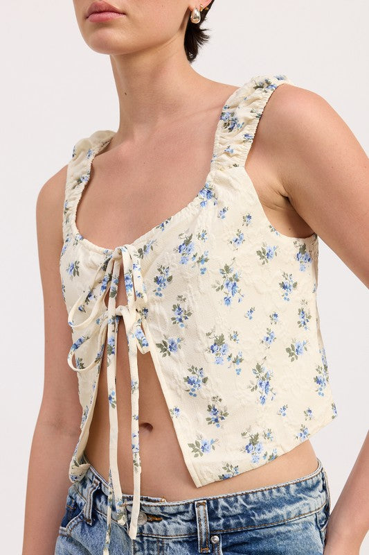 Emory Park Tie Front Peasant Top in cream with blue floral print and ruffled straps