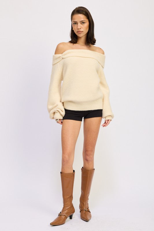 Emory Park Off Shoulder Blouson Sweater in cream color with relaxed fit and stylish design