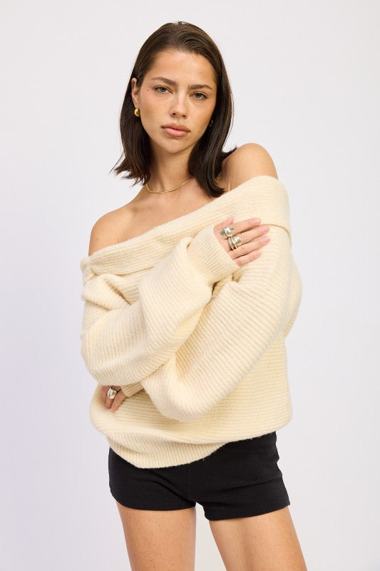 Emory Park Off Shoulder Blouson Sweater in Cream with Cozy Ribbed Texture and Loose Fit