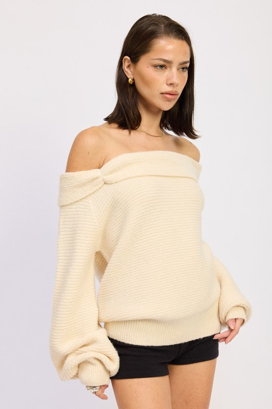 Emory Park Off Shoulder Blouson Sweater in Cream with Cozy Ribbed Texture and Relaxed Fit