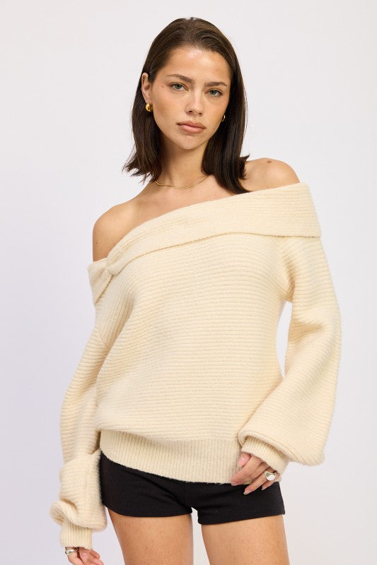 Emory Park Off Shoulder Blouson Sweater in beige with cozy ribbed texture and loose fit