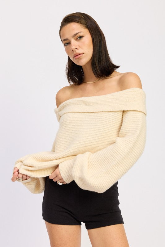 Emory Park Off Shoulder Blouson Sweater in Cream with Soft Ribbed Knit Design and Loose Fit