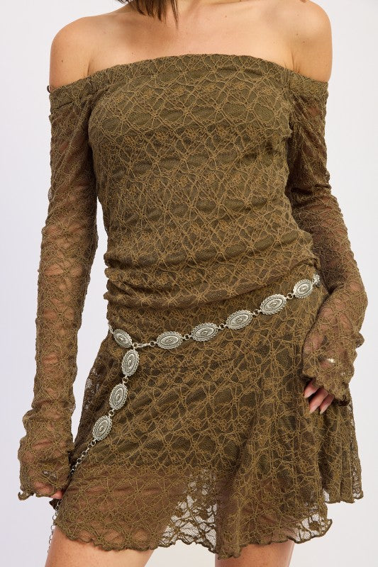 Emory Park Off Shoulder Lace Mini Dress in Olive Green with Long Sleeves and Delicate Lace Detail