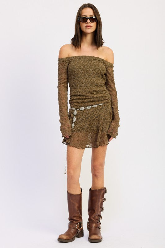 Emory Park Off Shoulder Lace Mini Dress in Olive Green with Long Sleeves and a Ruffled Hemline